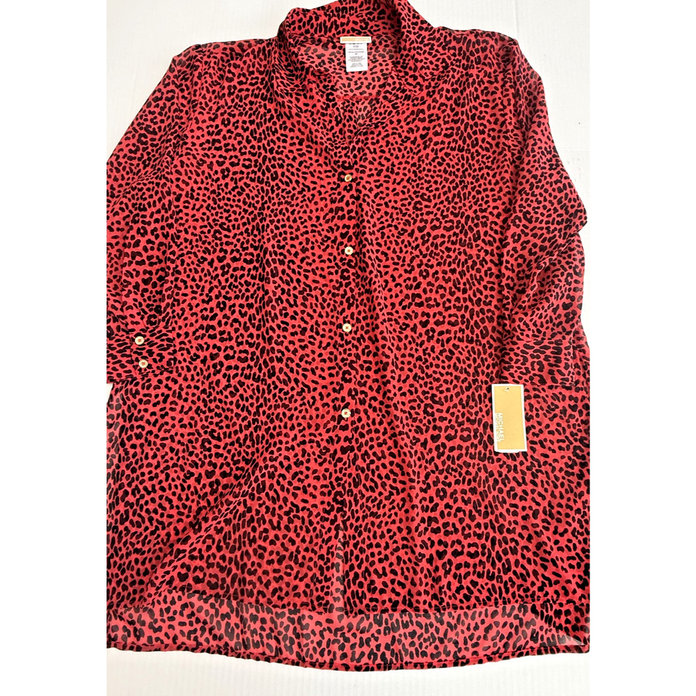 Michael Kors Animal-Print Sheer Sea Coral Red Black Cover-Up Shirt Sz M L $130
